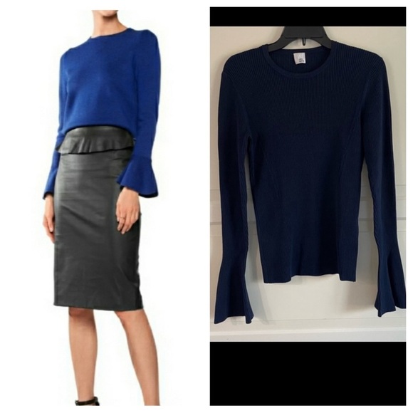 Iris & Ink Ribbed Bell Sleeves navy blue sweater 30660. - Picture 1 of 6